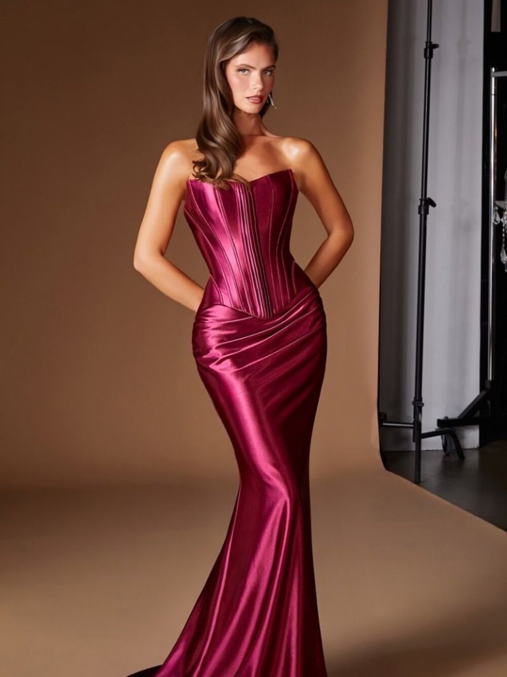 New Burgundy Strapless Fashion Forward Evening Gown w/ Corset Bodice CD CH2602